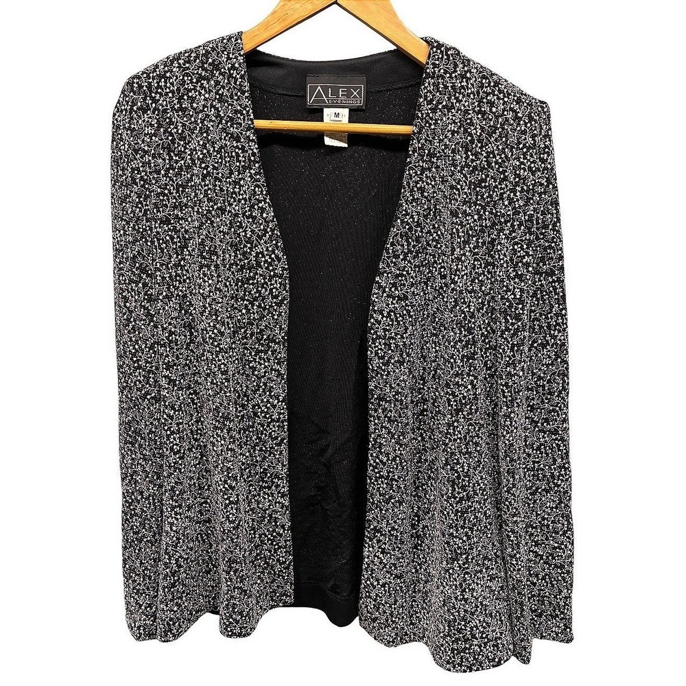 Alex Evenings Cardigan Jacket Women's Medium Black Silver Glitter Open Front